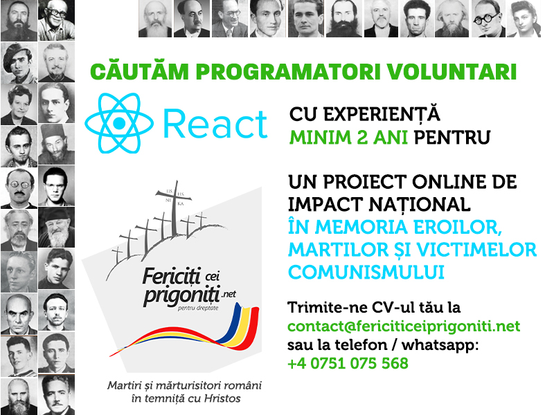 Căutăm programatori REACT voluntari pentru un proiect online de impact național în memoria eroilor, martilor și victimelor totalitarismului comunist
